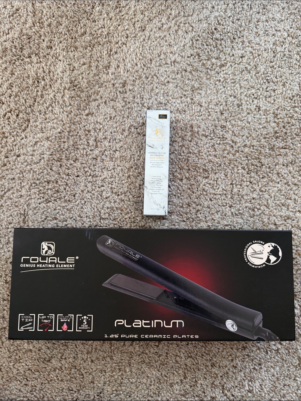 NEW Royale Platinum Ceramic Flat Iron 1.25” + Royale Hair Rescue Serum Bundle